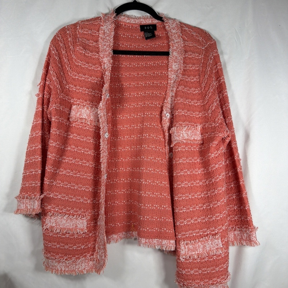RQT | Peach Fringe Snap Up Long Sleeve Cardigan Knit Sweater | Size‎ Lrg